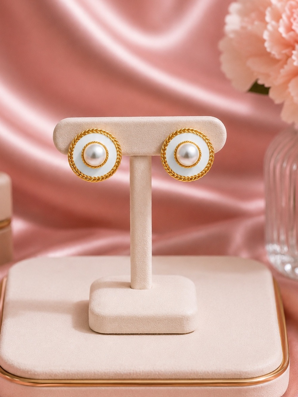 White Pearl Gold Button Earrings - Picture 9 of 9